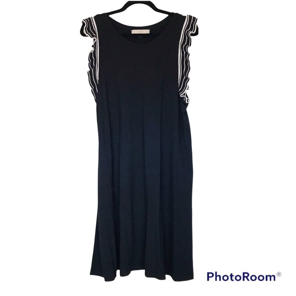 Loft Black Ruffle Knit Cap Sleeve Fit & Flare Swing Dress L